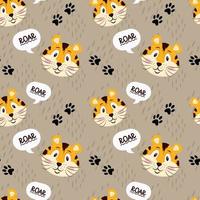 Seamless pattern with cute tiger, muzzles tiger cub with brown stripes, symbol of new 2022 year on white background. Vector illustration for postcard, banner, web, decor, design, arts, calendar.