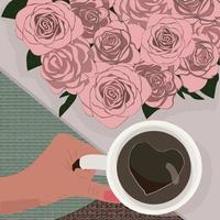 Vector illustration of a bouquet of roses and a cup of coffee. An idea for fashion illustrations, magazines, fashion, advertising, interior decoration, for drawing, for different types of creativity.