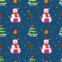 Christmas seamless pattern with snowman, Christmas tree, New Year gifts and gingerbread on a blue background, Winter pattern for wrapping paper and packaging,Christmas cards, web page background. vector