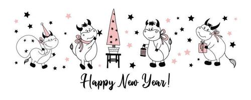 Happy New Year. Postcard horizontal with bulls or oxen. Ox character. Simple cow drawing vector