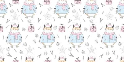 New Year pattern with a bull. Ox symbol of 2021. Funny ox illustration. Wrapping paper, christmas textile design. vector