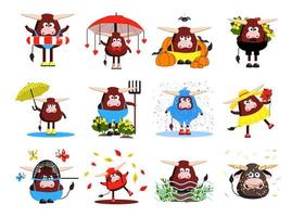 set of bulls characters. 12 bulls, oxen and cows. Funny cute animals. clipart free on a white background. Vector illustration of the symbol of 2021.