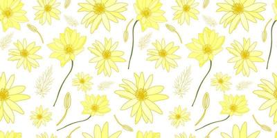 Yellow flowers on a white background pattern. Field summer flowers. Beautiful delicate pattern on the fabric. vector