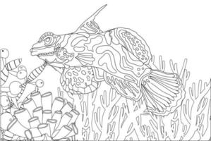 Fish exotic coloring. Antistress coloring page. Sea creatures. Ocean fish. Vector illustration.