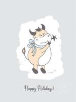 Christmas card. Year of the bull postcard. Poster. Ox character. vector