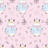 2021 symbol of the year. ox. Christmas pattern. Bulls in the snow. Design for wrapping paper, fabric and clothing. Pastel delicate colors. vector