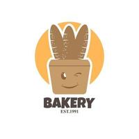 diseño de logotipo de panadería con un lindo icono de chef de personaje de sonrisa que lleva varios símbolos de bollos ilustración vector