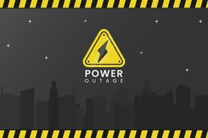Blackout icon. Power outage web banner has a warning sign with a lightning symbol, safety tapes, and a night city without electricity. vector