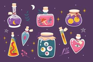 Set of colorful magic potions bottles vector