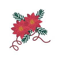 Red poinsettia flower, branches traditional winter holidays plant, simple vector illustration, Merry Christmas, Happy New Year seasonal festive decor for greeting card, invitation, clipart, sticker