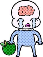 cartoon big brain alien with apple vector