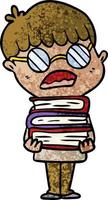 cartoon boy with books wearing spectacles vector