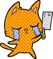 crying cartoon cat with cleaver vector