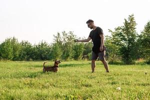 un hombre guapo le está lanzando una pelota a su pequeño perro feliz. los mejores amigos juegan juntos en el parque en verano. foto