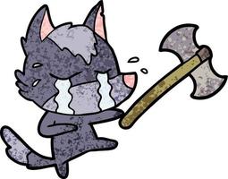 cartoon crying wolf throwing axe vector