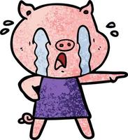 crying pig cartoon wearing human clothes vector