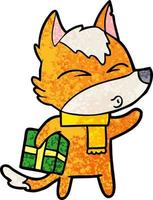 fox cartoon character with present vector