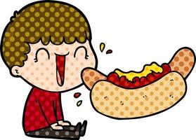 laughing cartoon man eating giant hotdog vector