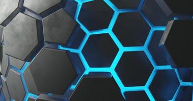 abstract background using hexagon pattern with metallic gray gradient color and bright blue hexagon outline, there is skin on outside with gray hexagon shape, 3d rendering and 4K size photo