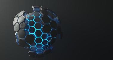 abstract background using hexagon textured ball with metallic gray gradient color and bright blue hexagon outline, there is skin on the outside with gray hexagon shape photo