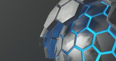 abstract background using hexagon pattern with metallic gray gradient color and bright blue hexagon outline, there is a blank space on the left, 3d rendering and 4K size photo