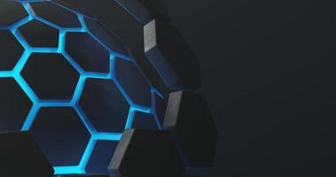 abstract background using hexagon pattern with metallic black gradient color and bright blue hexagon outline, there is blank space on the right, 3d rendering and 4K size photo