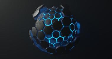 abstract background using a ball shape with a bright blue texture and a black hexagon shaped skin located in the center, 3d rendering and 4K size photo