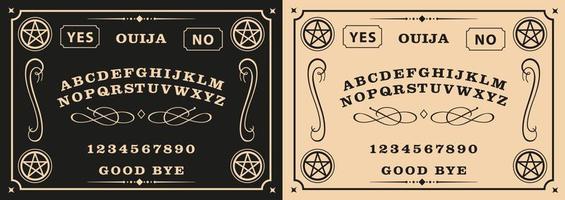 Graphic template inspired by Ouija Board. Black and Very soft orange symbols of pentagram , texts and alphabet. Gothic typography. Ghosts and demons calling game. vector