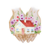 Watercolor house with mallow in hands illustration png