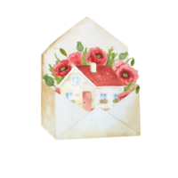 Aquarellhaus mit roten Mohnblumen png