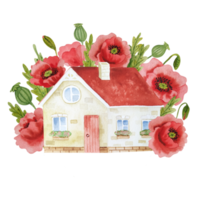 Watercolor house with red poppies png