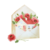 Watercolor house with red poppies png