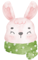 linda cabeza de conejo rosa feliz usa bufanda acuarela dibujar a mano ilustración png