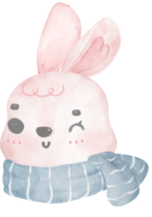 linda cabeza de conejo rosa feliz usa bufanda acuarela dibujar a mano ilustración png