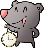 dibujos animados de oso riendo con reloj de bolsillo vector