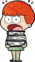 cartoon shocked boy with stack of books vector