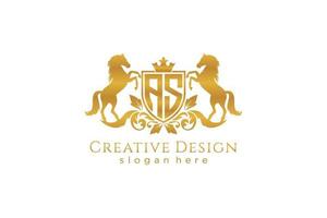 initial AS Retro golden crest with shield and two horses, badge template with scrolls and royal crown - perfect for luxurious branding projects vector