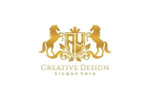 initial AV Retro golden crest with shield and two horses, badge template with scrolls and royal crown - perfect for luxurious branding projects vector