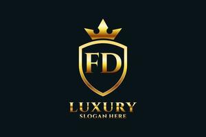 initial FD elegant luxury monogram logo or badge template with scrolls and royal crown - perfect for luxurious branding projects vector