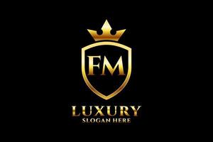 initial FM elegant luxury monogram logo or badge template with scrolls and royal crown - perfect for luxurious branding projects vector