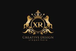 initial XR Retro golden crest with circle and two horses, badge template with scrolls and royal crown - perfect for luxurious branding projects vector