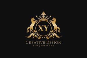 initial XY Retro golden crest with circle and two horses, badge template with scrolls and royal crown - perfect for luxurious branding projects vector