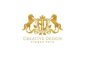 initial AD Retro golden crest with shield and two horses, badge template with scrolls and royal crown - perfect for luxurious branding projects vector