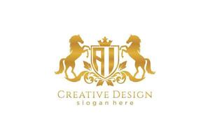 initial AI Retro golden crest with shield and two horses, badge template with scrolls and royal crown - perfect for luxurious branding projects vector