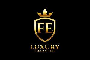 initial FE elegant luxury monogram logo or badge template with scrolls and royal crown - perfect for luxurious branding projects vector