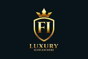 initial FI elegant luxury monogram logo or badge template with scrolls and royal crown - perfect for luxurious branding projects vector