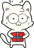 cartoon surprised cat with christmas present vector