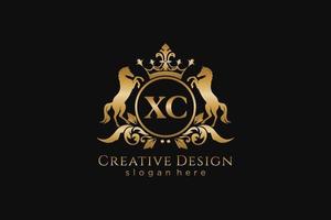 initial XC Retro golden crest with circle and two horses, badge template with scrolls and royal crown - perfect for luxurious branding projects vector