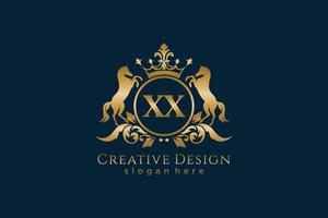initial XX Retro golden crest with circle and two horses, badge template with scrolls and royal crown - perfect for luxurious branding projects vector