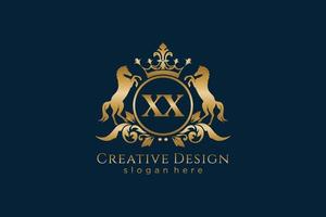 initial XX Retro golden crest with circle and two horses, badge template with scrolls and royal crown - perfect for luxurious branding projects vector